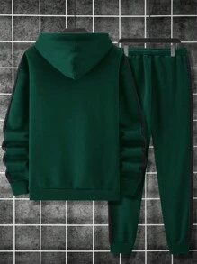 Manfinity Homme 男士纯色拼接字母印花简约连帽上衣和裤子休闲两件套 - 墨綠色 - 查看 2