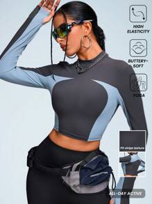 Innovista Women Ribbed Fabric Stand Collar Tight Fit Colorblock Sports Sweatshirts, Cropped Sweatshirt,Workout Gym Daily ,Fall Sweatshirts,Tracksuit,Workout Women Tops,Fall Woman Outfits,Outdoor,Run, Fall Winter Women Outfit,Winter Women Clothes - Dark Grey - View 1