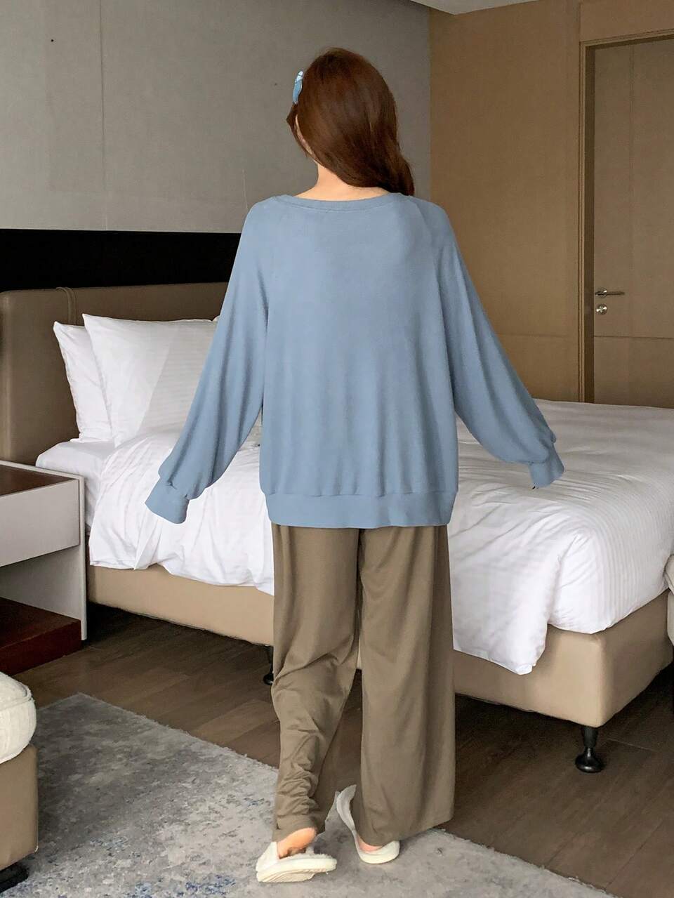 1 Set Casual Raglan Sleeve Sweatshirt & Straight Leg Pants Loungewear Suit Pajama