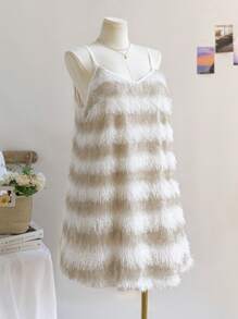 Soleia Kvinnors semester Khaki & Ljus Aprikos Randig Tofs V-ringad Spaghetti Strap A-Line Mini Festklänning, Höst/Vinter - Multifärgad - Visa 6