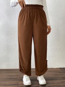 SHEIN LUNE 大码女式灯芯绒松紧腰直筒休闲长裤，带后口袋，适合外出和办公室穿着，秋冬季 - 棕色 - 查看 1