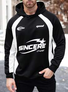 Manfinity Homme Plus Size Men's Solid Color Patchwork Long Sleeve Letter Print Casual Hoodie Sweatshirt - Black - View 1
