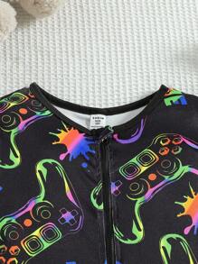 Tween Boy Video Game Fluorescent Graphic Zip Front Long Sleeve Jumpsuit Home Wear, Snug Fit