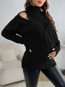 SHEIN Maternity Solid Color Hollow Out Stand Collar Elegant Long Sleeve Sweater, Fall Clothes
