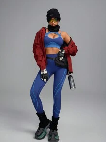 Innovista Innovista 女士蓝色两件套无缝3D提花动态线条运动套装，中支撑背心式聚拢运动文胸和骑行紧身裤套装，日常休闲及运动、跑步、骑行、瑜伽、健身房适用，弹力紧身裤套装，高腰紧身裤套装，毛衣套装，紫色套装，秋季女装，清爽浅蓝色秋冬运动服 - 藏蓝色 - 查看 6