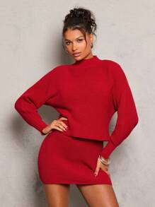 Glamine 2pcs Set: Batwing Sleeve Loose & Mini Fitted Stand Collar Dress