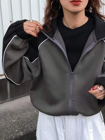 FRIFUL Damen Farbblockjacke mit Reißverschluss, Langarm, Lässig, locker geschnitten