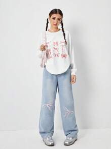 2 件套青少年女孩休闲白色宽松蝴蝶印花蝴蝶结 T 恤和休闲蝴蝶结刺绣直筒牛仔裤，极简时尚，适合日常穿着 - 白色 - 查看 7