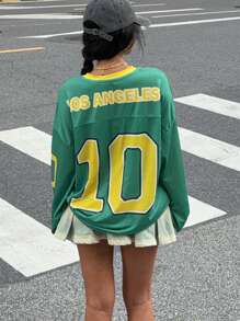 Muchica Women's New Letter Print V-Neck Long Sleeve Soccer Sport T-Shirt - Green - View 2