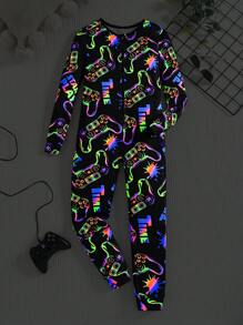Tween Boy Video Game Fluorescent Graphic Zip Front Long Sleeve Jumpsuit Home Wear, Snug Fit