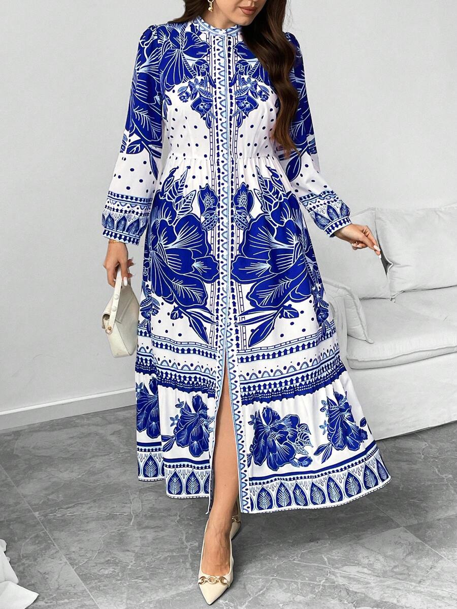 SHEIN Privé Plus Size Placement Print Puff Sleeve Button Down Midi