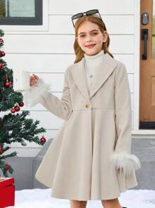 SHEIN Abrigo de manga larga con cuello vuelto, talle ceñido y aplique de borreguito para niñas preadolescentes, estilo casual y minimalista, cómodo, para Navidad