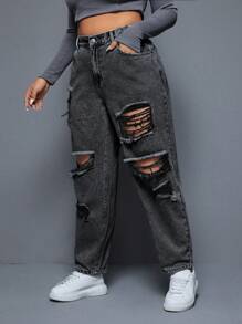 SHEIN ICON Plus Size Women's Solid Color Simple Daily Distressed Jeans - Grey - View 6