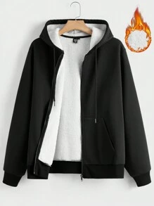 Forever 21 Men's Drop Shoulder Zip Up Drawstring Thermal Hoodie Fall/Winter - Black - View 2