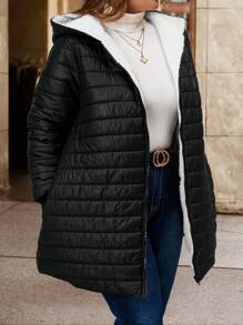 SHEIN Clasi Plus Size Women Striped Padded Coat, With Plush Lining, Warm And Versatile For Elegant Daily Wear, Thick For Autumn/Winter - White - View 5