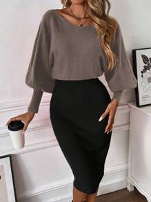 Chiquease 1 件女士纯色斜肩长袖休闲毛衣连衣裙 - 摩卡棕 - 查看 3