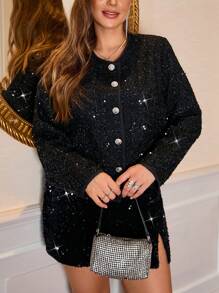 SHEIN Frenchy Plus Size Casual Sequin Sparkly Party Date Coat Fall/Winter - Black - View 5