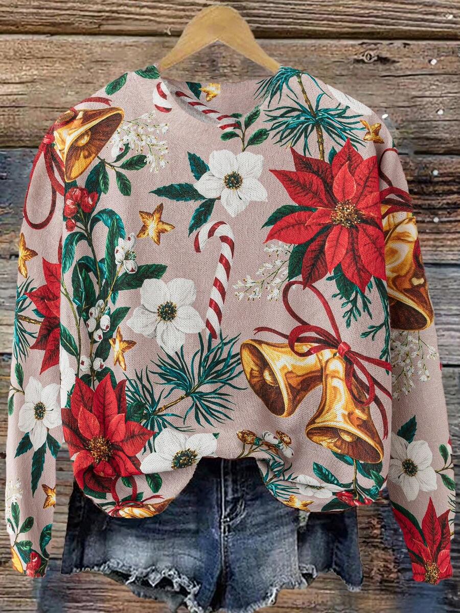SHEIN LUNE Plus Size Christmas Theme Print Round Neck Casual All-Match Long Sleeve Sweater Pullover Knit Pullover Fall Winter Outfit
