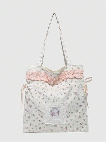 Kawaii Bolso de hombro de mujer con lazo, cinta y diseño floral ditsy de encaje