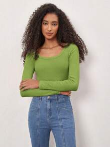 SHEIN BASICS Women's Solid Color Round Neck Long Sleeve Casual Tops - Green - View 6