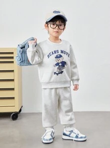 SHEIN 2pcs/Set Young Boy Casual College Style Comfortable Cartoon Bear Pattern Sleeve Pullover Sweatshirt And Elastic Waist Pants Set, Suitable For Kids Outfits, Back To School, Clothes, Daily Wear, School, Outings, Sports, Autumn And Winter