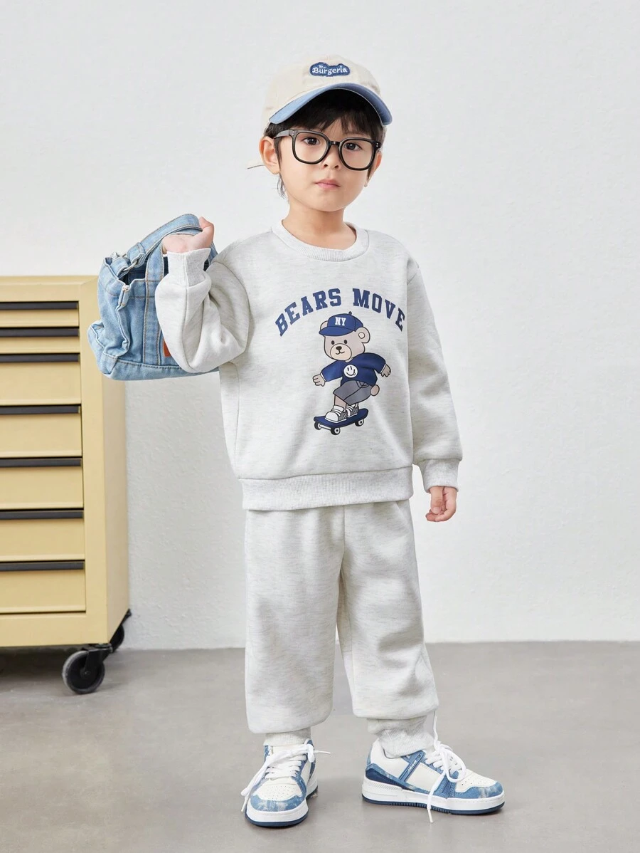 SHEIN 2pcs/Set Young Boy Casual College Style Comfortable Cartoon Bear Pattern Sleeve Pullover Sweatshirt And Elastic Waist Pants Set, Suitable For Kids Outfits, Back To School, Clothes, Daily Wear, School, Outings, Sports, Autumn And Winter