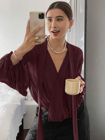 Livesso Women's Loose Fit Solid Color Long Sleeve Tie Blouse,Fall Clothes