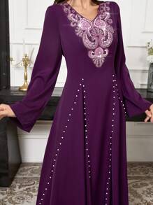 Al Najma High-End V-Neck Sequin & Rhinestone Embellished Dress For Autumn/Winter, Arabian Style, Elegant Maxi Modest Long Sleeve Jalabiya Arabian Dresses, For Evening Party/Wedding Guest/Anniversary - Purple - View 3