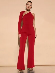 SHEIN BAE Elegant Women's Asymmetric Neckline Oblique Shoulder Flared Jumpsuit, Daily, Dating, Club, Party Outfit, Autumn - Red - View 3