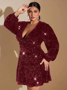 SHEIN BAE 大码女式 V 领亮片装饰简约短裙 - 酒紅色 - 查看 6