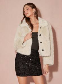 Enchnt 女士卡其色前扣长袖休闲简约仿羊绒夹克，翻领复古蓬松夹克，秋冬保暖蓬松夹克，时尚外套，派对外套 - 卡其色 - 查看 6