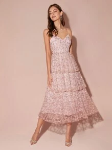 Enchnt Women's Pink V-Neck Mesh Embroidered Floral Waist With Cake Tiered Hem, Thin Sleeveless Waist And Elegant, Cute Long Spaghetti Strap Dress, French Spaghetti Strap Dress, Party, Date Spaghetti Strap Dress, Pastoral Spaghetti Strap Dress, Holiday, Fall Winter