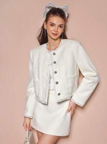 Enchnt 女士优雅蕾丝边短款粗花呢夹克，秋季 - 白色 - 查看 1