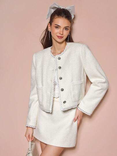 Enchnt 女士优雅蕾丝边短款粗花呢夹克，秋季