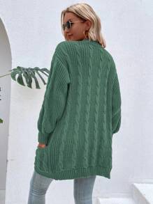 SHEIN LUNE 女式纯色落肩长袖休闲开衫，秋冬 - 墨綠色 - 查看 2