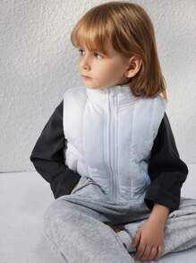 Blossori Young Boys Elegant Loose Beige Quilted Zip-Up Vest, Autumn/Winter - White - View 7