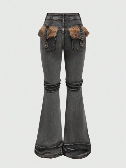 Grunge Punk Vintage Fuzzy Patch Harajuku Mädchen schwarze verwaschen Jeans mit Stretch im ausgestellten Schnitt