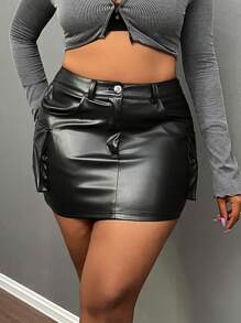 Slaydiva Women's Solid Color Front Button Closure Multiple Pockets Casual Skirt - Black - View 2