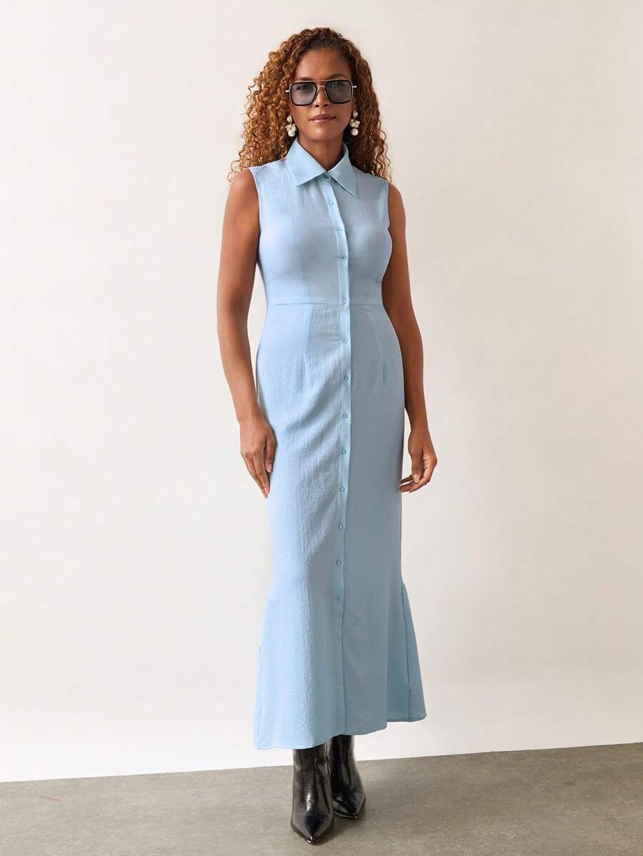SHEIN Unity Women's Solid Color Front Button Long Sleeveless Old Money Style Elegant Dress - Blue - View 1