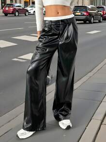 SHEIN EZwear Women PU Black Zipper Fly Wide Leg Pants, For Fall