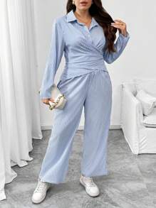 Flirla 2pcs Plus Size Set: Striped Long Sleeve Casual Crossover Pullover Shirt & Pants - Blue and White - View 1