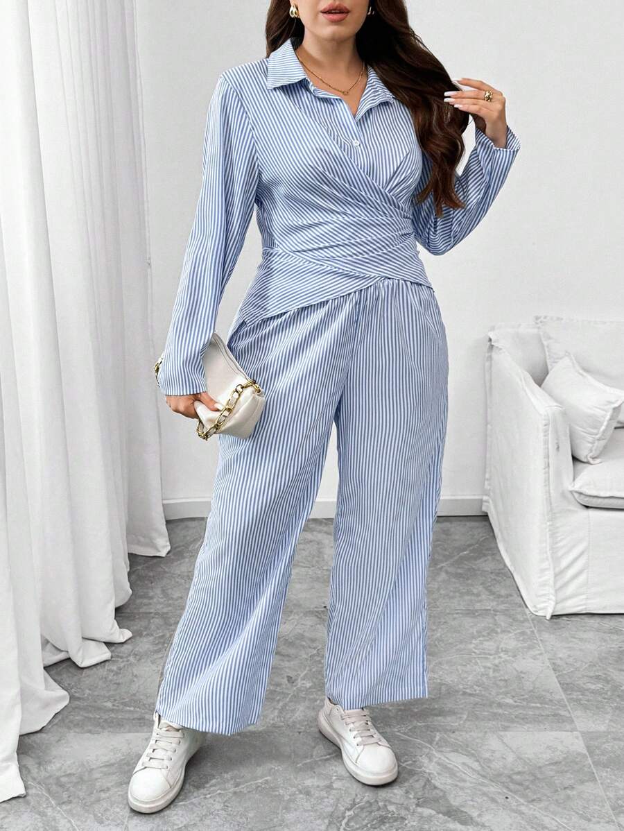 Flirla 2pcs Plus Size Set: Striped Long Sleeve Casual Crossover Pullover Shirt & Pants - Blue and White - View 1