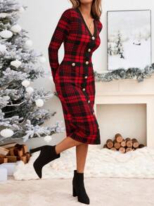 SHEIN LUNE 圣诞红色格子修身中长连衣裙，配撞色饰边，冬季圣诞连衣裙女士圣诞连衣裙圣诞服装圣诞派对连衣裙女士连衣裙新年 - 紅色 - 查看 5