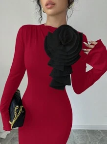 SHEIN Unity Women 3D Floral Decor Ruffle Stand Collar Bell Sleeve Fishtail Hem Fitted Long Dress - Burgundy - View 4