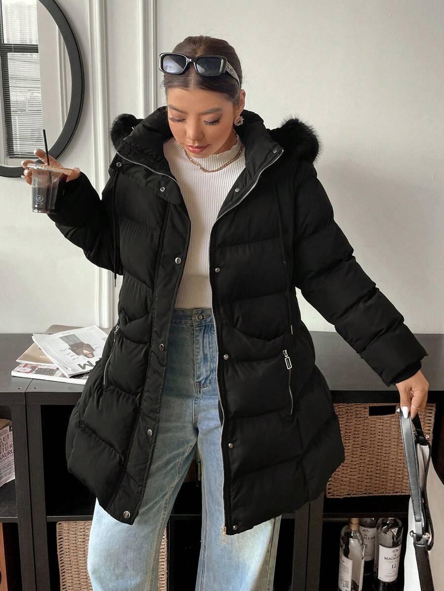 Calvaya Abrigo acolchado con cremallera, capucha y cuello esponjoso de unicolor en talla grande para ropa de invierno - Negro - Ver 1