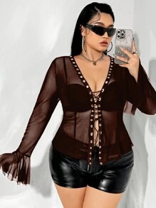 SHEIN ICON 大码网眼带装饰透明衬衫 - 棕色 - 查看 2