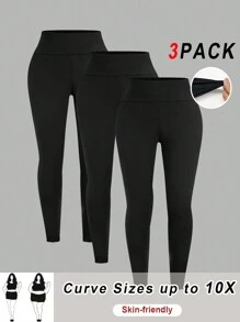 SHEIN CURVE+ 3 条装女士加大码紧身裤，舒适顺滑，适合瑜伽、健身、骑行和日常穿着 - 黑色 - 查看 1