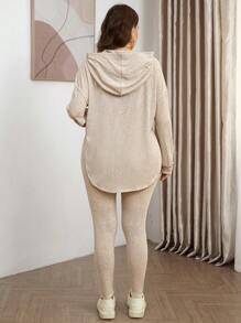 SHEIN LUNE 2 件套大码女式纯色落肩长袖连帽上衣和裤子休闲套装，秋季大码秋装 - 杏色 - 查看 2