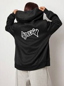 SHEIN EZwear 1pc Women Solid Color Knit Hooded Long Sleeve Loose Fit Sweatshirt - Black - View 2