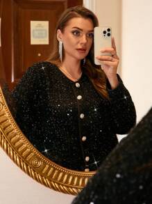 SHEIN Frenchy Plus Size Casual Sequin Sparkly Party Date Coat Fall/Winter - Black - View 1